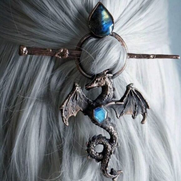Vintage Viking Dragon Hair accessory with blue stone accent bronze tone - Picture 1 of 4